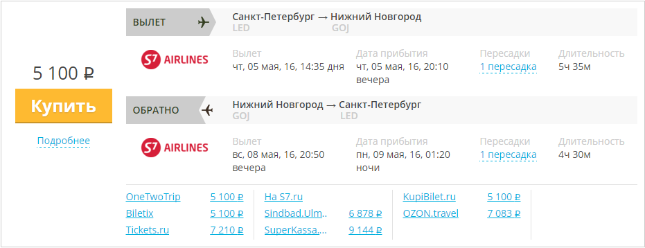 Купить дешевый билет С-Петербург - Н-Новгород за 5100 рублей туда и обратно на С7 Сибирь