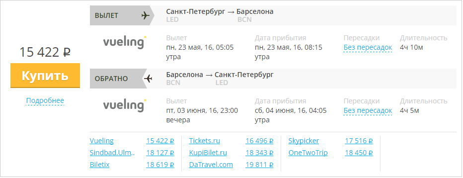 Купить дешевый билет С-Петербург - Барселона за 15400 рублей в обе стороны на Вуелинг Испания