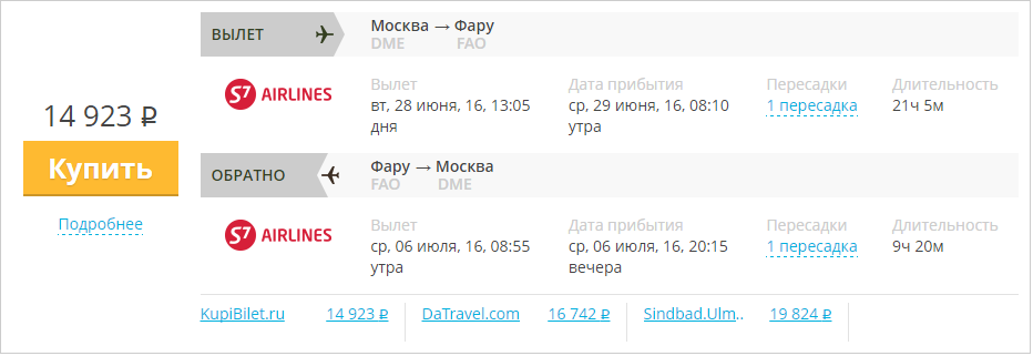 Купить дешевый билет Москва - Фару Португалия за 14900 рублей туда и обратно на С7 Сибирь
