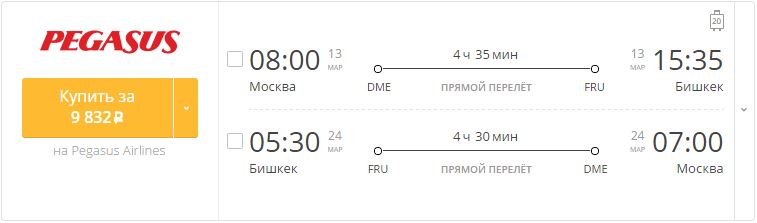 Купить дешевый билет Москва - Бишкек за 9800 рублей туда и обратно на Пегасус Эйрлайнс Турция